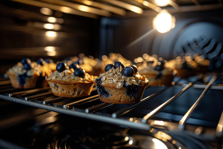 A muffins baking in the oven with blueberries, oatmeal and yogurtの素材