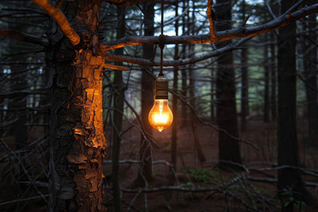 A light bulb hanging from a tree branch in a forestの素材