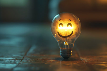 A light bulb with a face and a smileの素材