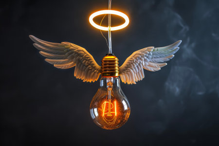 A light bulb with wings and a haloの素材