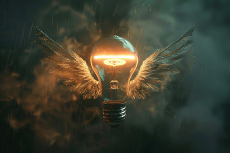 A light bulb with wings and a haloの素材