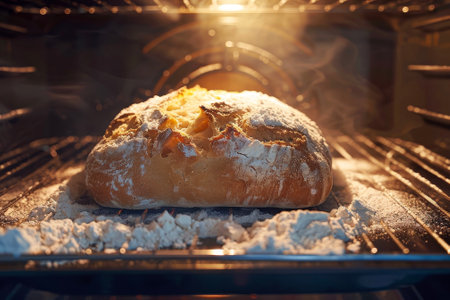 A loaf of bread rising in the oven with flour, yeast and saltの素材