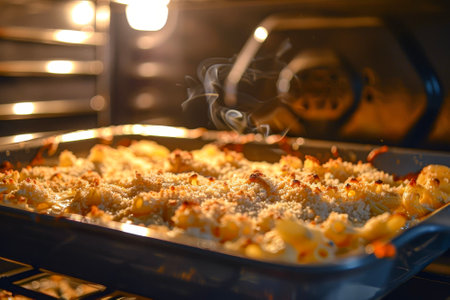A macaroni and cheese crisping in the oven with pasta, cheese and breadcrumbsの素材