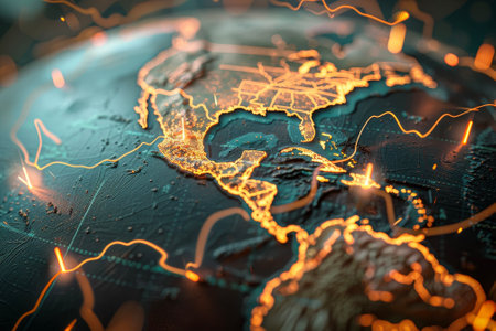 A map or a globe with lightning bolts highlighting a location or a routeの素材
