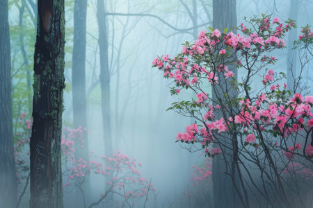 A misty forest reveals glimpses of azaleas and camellias. Their petals blend into the fog, creating an otherworldly effect.の素材