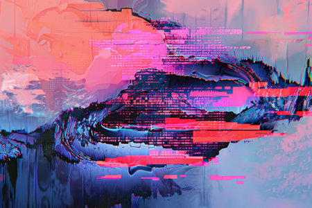 A digital glitch wave--each crest pixelated and fragmented. The glitch carries memories from forgotten files--lost photos, corrupted documents, and erased messages.の素材