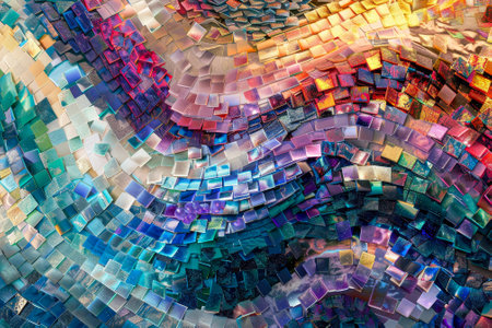 A digital mosaic--waves of tiny squares form an abstract tapestry. Each pixel holds a secret--coded messages, hidden algorithms, and encrypted memoriesの素材