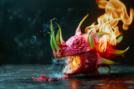 A dragon fruit with a dragon and a fireの素材