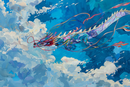 A dragon kite soars against a cerulean sky. Its tail forms abstract loops, echoing ancient symbols.の素材