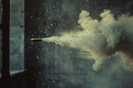 A bullet flying through a wall and making a dust cloudの素材