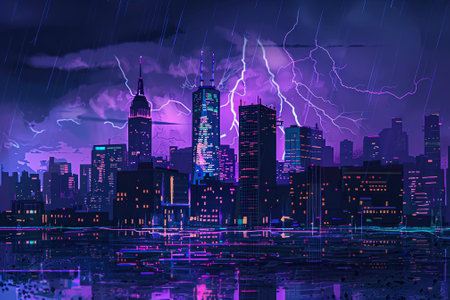 A city skyline at night with lightning bolts striking the tallest buildingsの素材