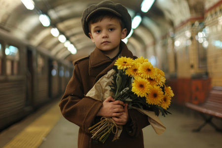 A boy in a brown coat holding a bouquet of chrysanthemums in a train stationの素材