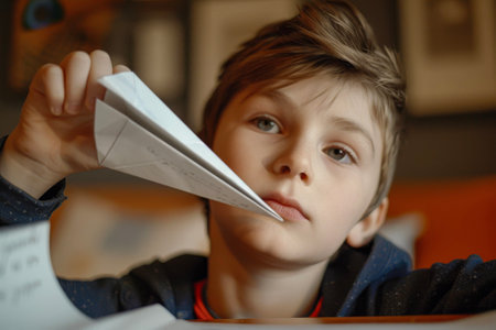 A boy making a paper airplane with a noteの素材