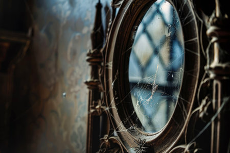 A gothic mirror with a carved frame, a spider web and a reflectionの素材