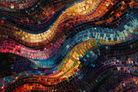 A digital mosaic--waves of tiny squares form an abstract tapestry. Each pixel holds a secret--coded messages, hidden algorithms, and encrypted memoriesの素材