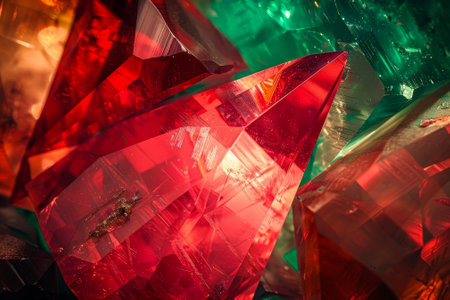 A abstract background with a ruby and emerald fusion, a crystal effect, a gematria code, and a jewelの素材