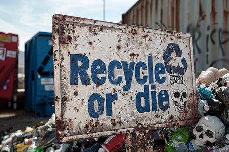 A sign that says "Recycle or die" with a skull and crossbones made from trashの素材