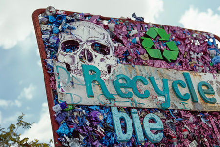 A sign that says "Recycle or die" with a skull and crossbones made from trashの素材