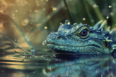 A water dragon, half-submerged in a tranquil lake, raises its head.の素材