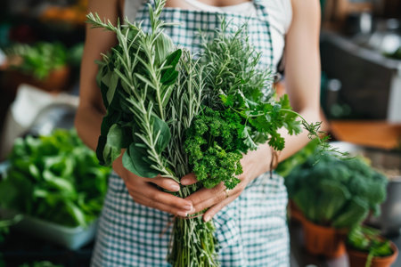 A woman holding a bunch of fresh herbs in her handsの素材