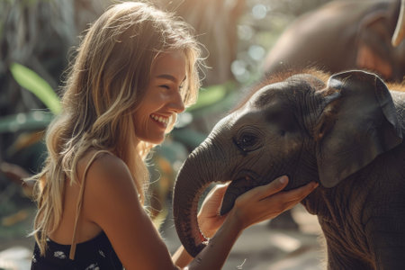 A woman smiling and feeding a baby elephant at a sanctuaryの素材