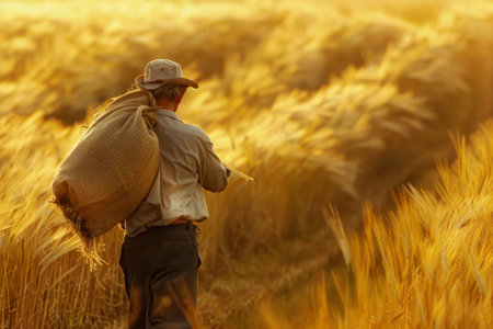 A man carrying a sack of wheat on his shoulder in a golden fieldの素材