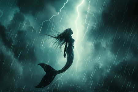 A mermaid surfaces during a thunderstorm, lightning illuminating her silhouette.の素材