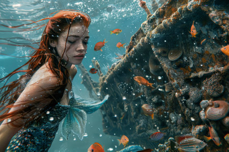 A mermaid surfaces near a shipwreck, her hair floating like seaweed.の素材