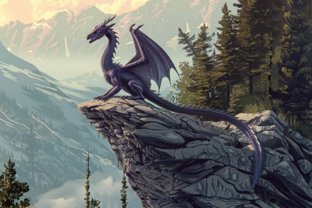A dragon perched on a rocky cliff, its wings unfurled. Each scale reflects the environment--mountain peaks, distant forests, and a cerulean sky.の素材