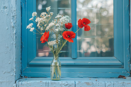 A composition of red poppies and white dandelions, placed in a glass jar on a blue window.の素材
