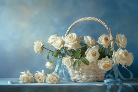 A composition of white roses and blue ribbons, arranged in a white basket on a blue table.の素材