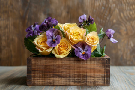 A composition of yellow roses and purple violets, placed in a wooden box on a brown table.の素材
