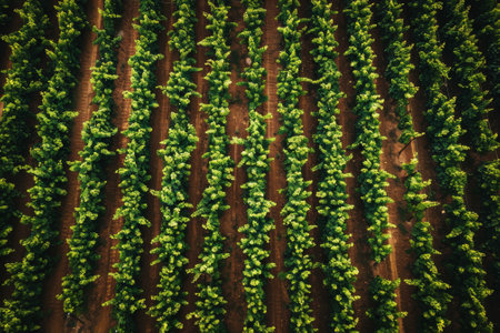 A drone photo of a lush vineyard. The neat rows of grapevines stretch as far as the eye can see.の素材