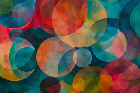 A abstract background of colorful circles, overlapping and blending with each other.の素材