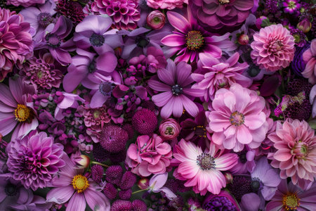 A abstract background of purple and pink flowers, blooming and spreading on the canvas.の素材