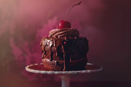 A cake with a chocolate frosting and a cherry on top and a professional overlay on the lightingの素材