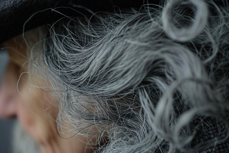 A close-up of head with gray hair and a hat.の素材
