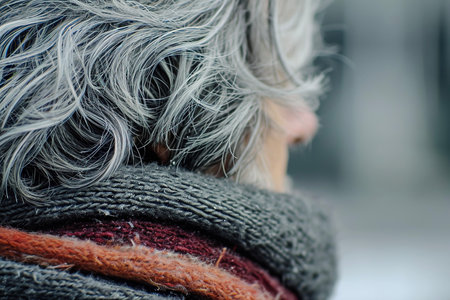 A close-up of head with gray hair and a scarf.の素材