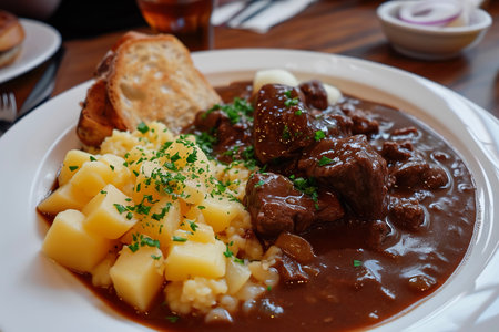 A plate of Gaisburger Marsch, a traditional Swabian stew made from beef, potatoes, which is usually served with onions and a side of bread.の素材