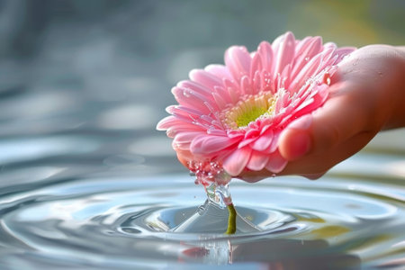 a flower receiving a drop of water, reviving its beauty and freshnessの素材