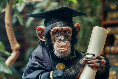 a monkey wearing a gown and a cap, progressing from a university and holding a diplomaの素材
