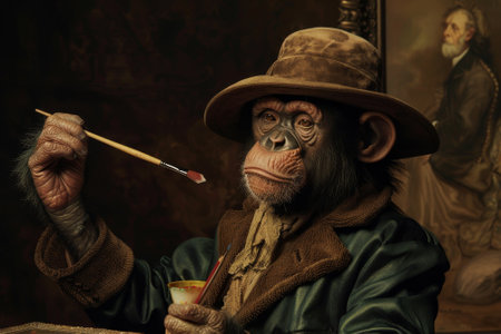 a monkey wearing a hat and a coat, painting a portrait and holding a brushの素材