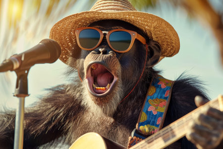 a monkey wearing a hat and sunglasses, singing a song and playing a guitarの素材