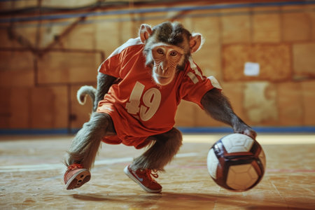 a monkey wearing a jersey and sneakers, playing a sport and scoring a goalの素材
