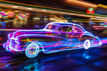 a neon car, speeding through the streetsの素材