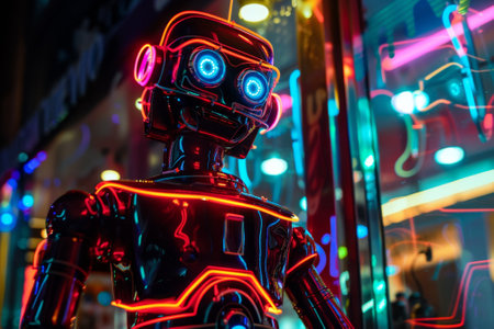 a neon robot, performing a taskの素材