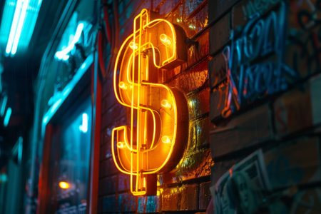 a dollar sign, shining brightly on a neon signの素材