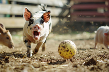 a farm animal playing with a toy, chasing a ball and having funの素材