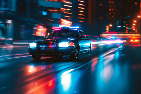 A police car with its sirens blaring in pursuit of a suspect. The car's reinforced body and powerful engine are designed for high-speed chasesの素材