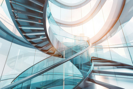 An abstract view of a high-end business office, with a sweeping spiral staircase made of glass and steel, symbolizing innovation and progress. --ar 3:2 --v 6 Job ID: 74ab6563-c845-40e3-96c6-bcff467ee11fの素材